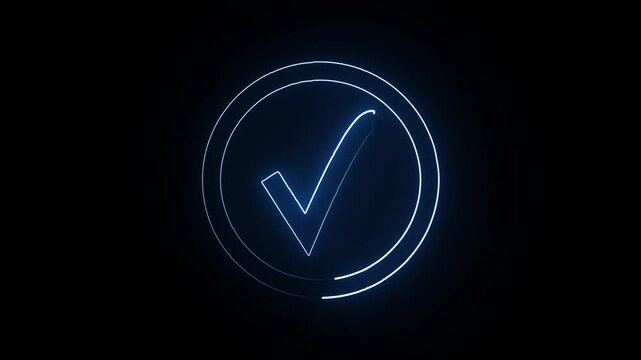 glowing neon blue color check mark icon animation. ok , done, completed check mark Tick mark icon circle neon sign. check mark icon animation on black background