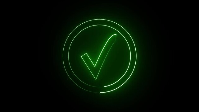 glowing neon green color check mark icon animation. ok , done, completed check mark Tick mark icon circle neon sign. check mark icon animation on black background