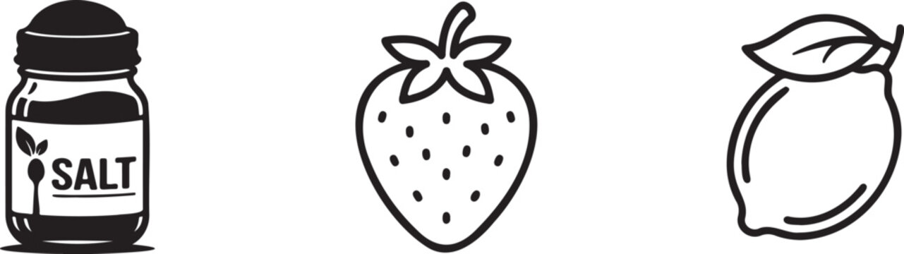 Black and white icons of salt shaker, strawberry and lemon