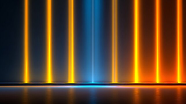 Vertical glowing neon light beams in blue and orange colors on a dark reflective floor surface