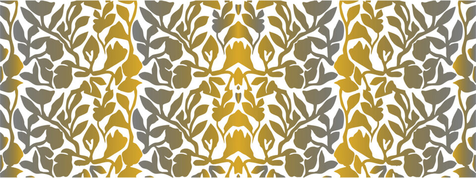 Symmetrical gold and gray botanical leaf pattern on white background