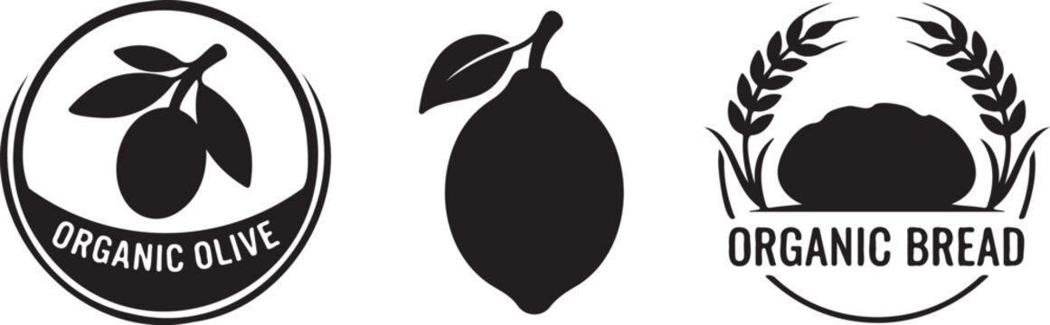 Black and white organic food icons with olive and bread