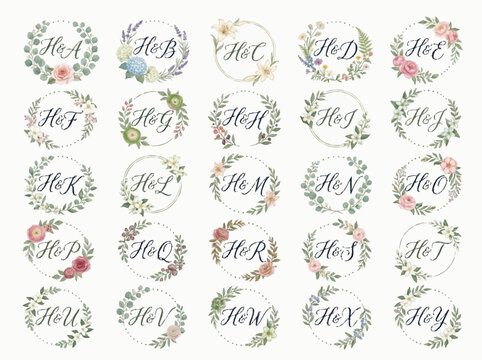 Floral wreaths with initials and logos arranged in rows on white