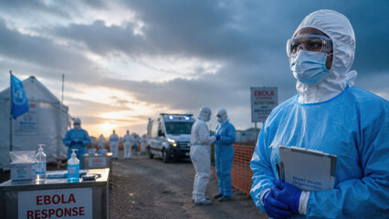 Fototapeta na wymiar Ebola virus, global health security. Ebola response medical worker protective suit face mask safety goggle quarantine zone field hospital