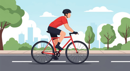 Fototapeta premium Flat vector illustration of a male cyclist wearing a red shirt and black helmet riding a red road bike on a city street with green trees and urban skyline under a blue sky.