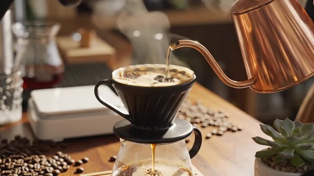 Fresh pour-over coffee brewing on wooden counter