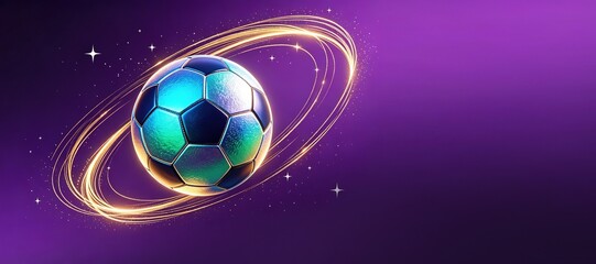 Fototapeta premium Glowing soccer ball styled as a planet with golden light rings, Ideal for futuristic football event promotions, and creative soccer-themed graphic design projects.