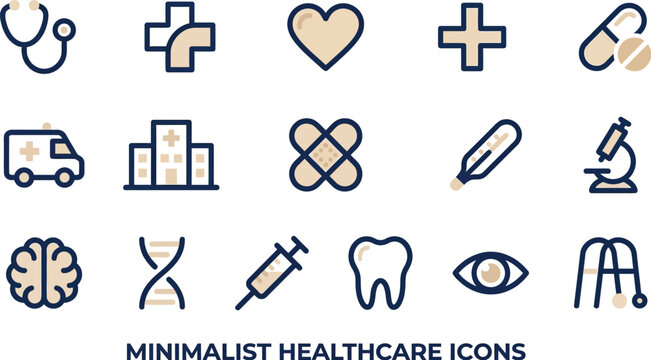 Minimalist healthcare icons display essential medical equipment such as ambulances, stethoscopes, thermometers, and diagnostic tools on a white background.