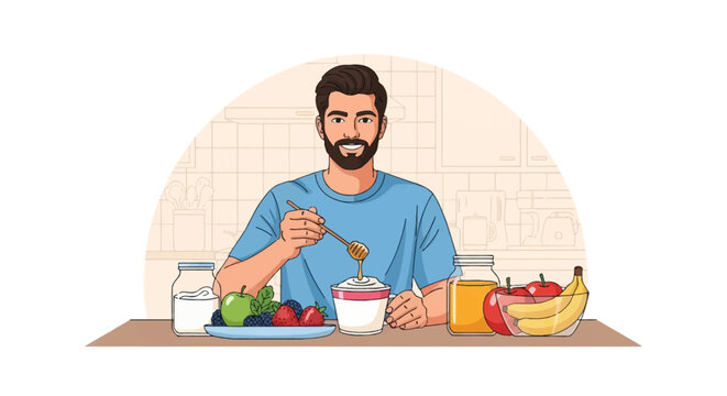 Vector illustration of a man with a beard drizzling honey into a yogurt bowl for breakfast, featuring fresh fruit, apples, berries, bananas, and milk on a table in a kitchen.