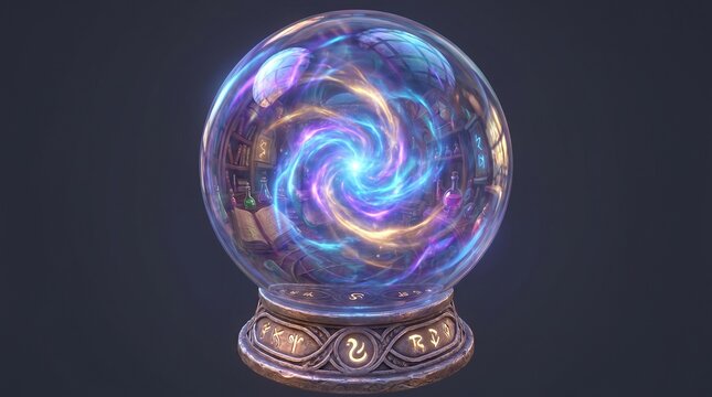 Crystal ball with swirling purple and blue lights on ornate stand