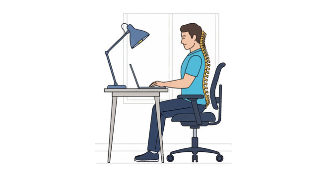 Vector illustration of a man sitting at a desk with correct ergonomic posture, highlighting his spinal alignment while working on a laptop with a desk lamp in a minimalist office.