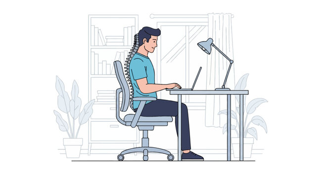 Vector illustration of a man sitting at a desk with correct ergonomic posture, featuring a visible spinal alignment overlay while working on a laptop in a modern home office setup.