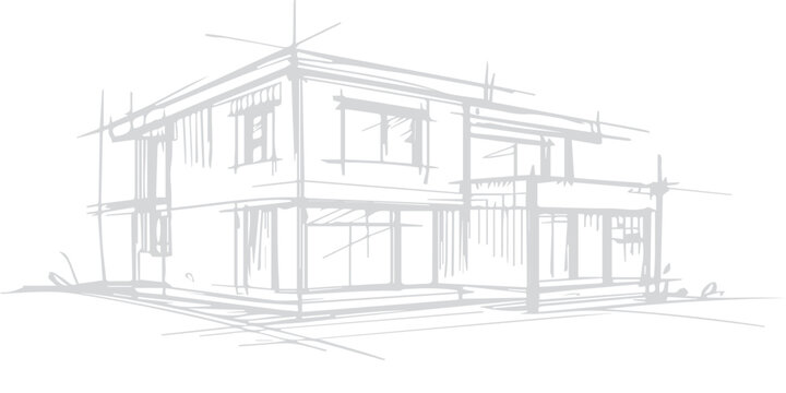 An architectural blueprint and 3D concept drawing of a new house project, showcasing the modern exterior facade design, engineering construction plan, and structural frame illustration