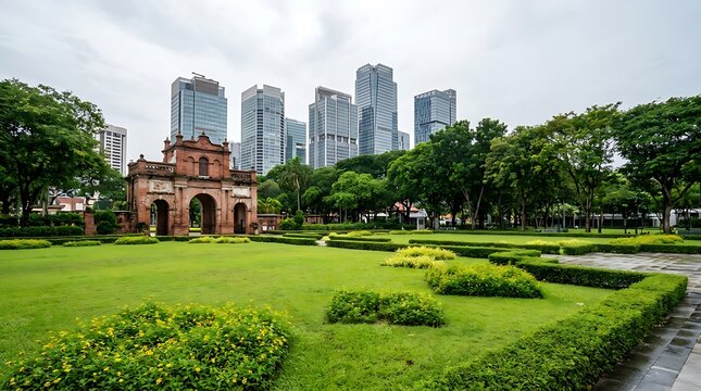 The historic brick archway of the taman prasasti museum in jakarta, indonesia, set against a backdrop of modern skyscrapers