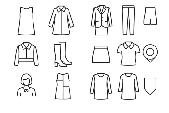 Mod Fashion Icons. Mod fashion silhouettes. Line outline icon set of Mod fashion silhouettes: shift dress