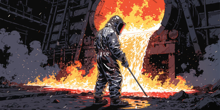 Industrial steel worker in protective gear watching molten metal flow from a large furnace machine