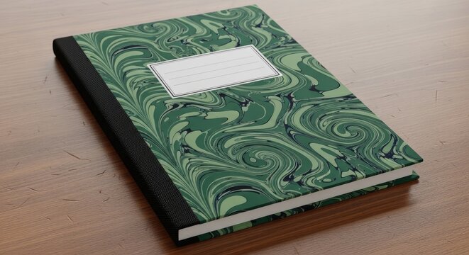 Green marbled composition notebook on wooden table surface