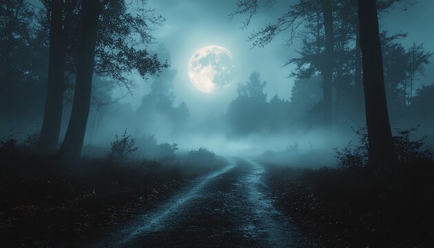 Full moon shines brightly over a dark mysterious forest path filled with thick heavy evening fog