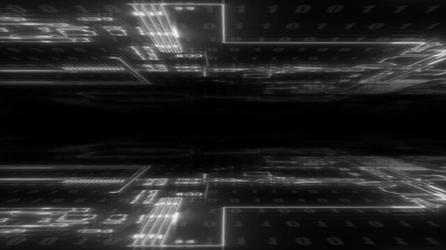 white color microchip glowing big data transfer binary code flowing hi tech design seamless black technology background