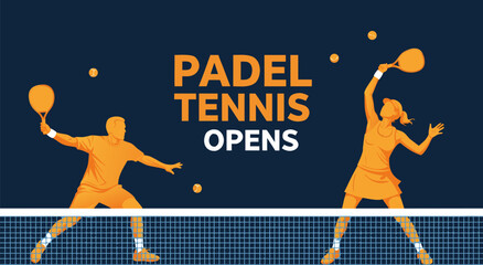 Obraz premium Dynamic vector illustration of padel tennis players competing in an open tournament, showcasing energetic action and the exciting sport