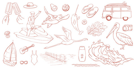 Collection of minimalist beach holiday doodles. Features marine animals, surfing, and travel icons. Perfect for designing summer greeting cards, web banners, and t-shirts. © lineandcircle