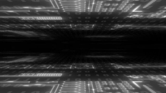 white color microchip glowing big data transfer binary code flowing hi tech design seamless black technology background
