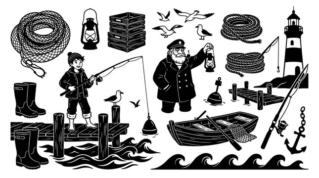 Black  White Line Art Fishing and Nautical Objects Collection - Hand-drawn Marine and Sea Elements