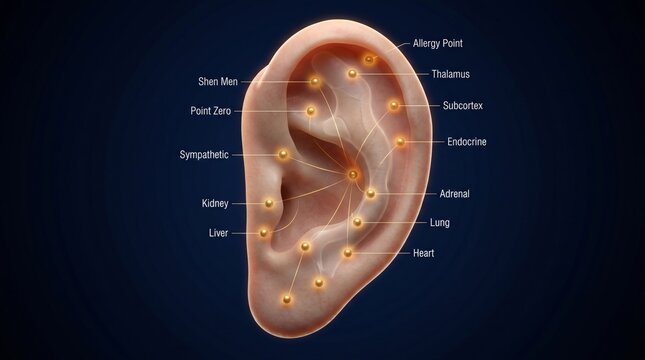 3D medical render of human ear with glowing acupoints and labelled auricular map
