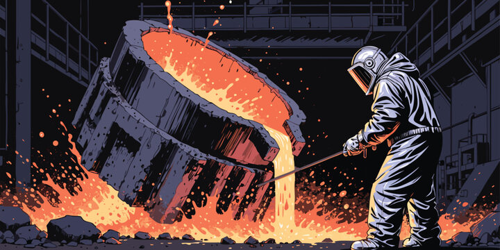 Stylized illustration of a foundry worker in protective gear pouring molten metal from a massive industrial