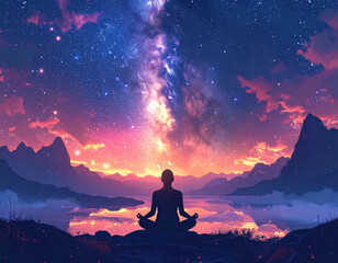 Obraz premium Meditation silhouette, cosmic sky, mountain lake, colorful sunset, night scene