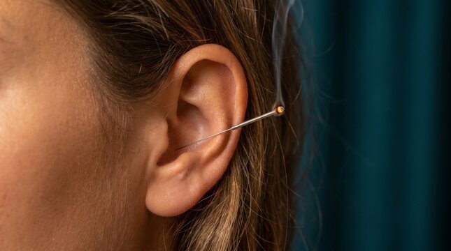 Conceptual 3D holographic ear illustration with beam connections to body organ icons