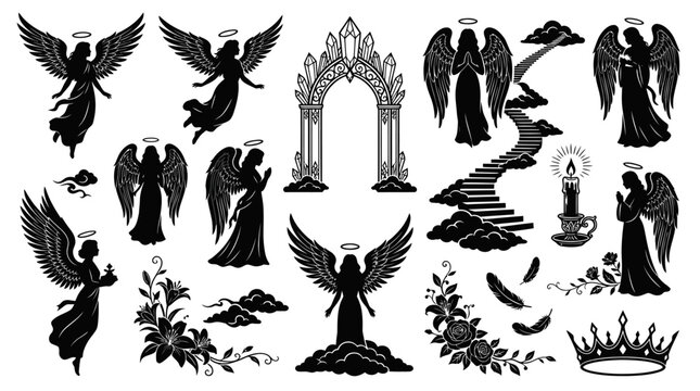 Black and White Angelic Silhouette Collection: Spirituality, Religion, Memorial, and Fantasy Glyphs