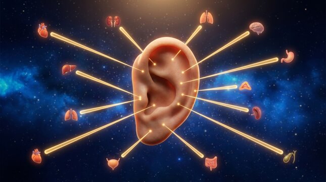 Grand conceptual 3D render of ear as holographic microsystem with energy map