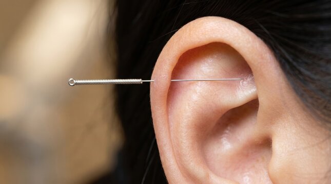 Macro photograph of acupuncture needle at Sympathetic point in ear concha