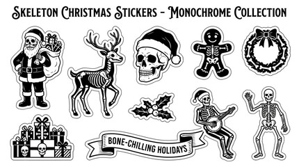 Obraz premium Monochrome skeleton Christmas sticker icons.