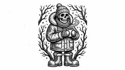 Skeleton wearing winter clothing standing. © Story