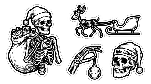 Skeleton wearing Santa hat holding bag.