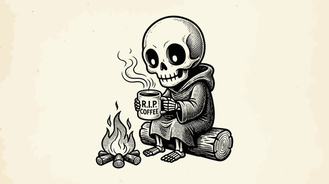Skeleton sitting by campfire drinking coffee.