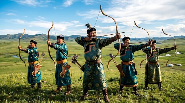 Mongolian Archers in Traditional Deel Aiming Bows on the Steppe