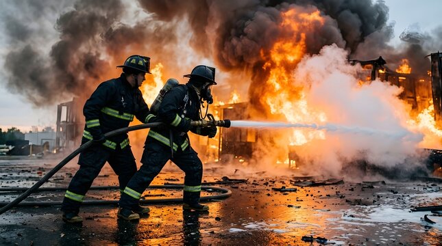 Firefighters battle a massive industrial blaze as orange flames and thick black smoke engulf the structure during an intense emergency operation.