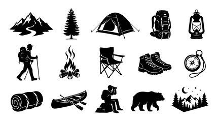Obraz premium Camping and Hiking Icons: Black and White Vector Art for Outdoor Adventure