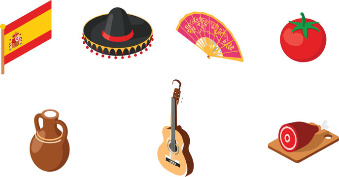 spain traditional culture isometric vector icon set featuring flag hat fan guitar tomato ham and pottery elements