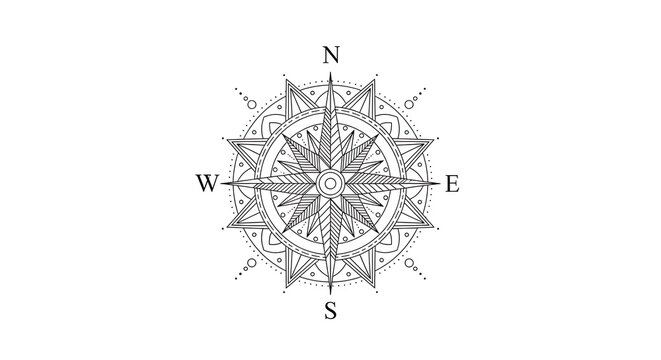 Intricate mandala style vintage compass rose navigation illustration