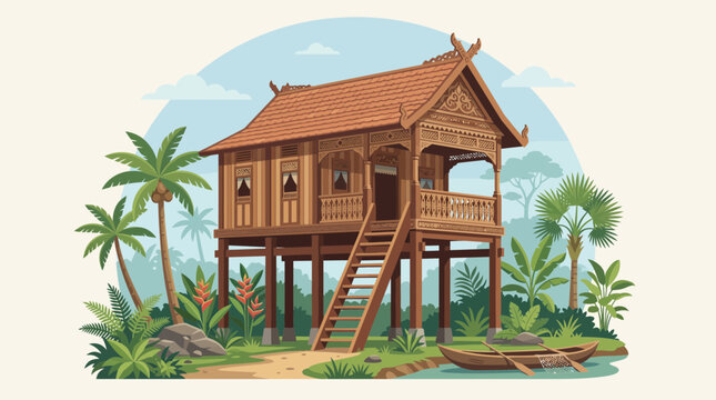 Vector illustration of traditional Bugis stilt house with wooden elevated structure, tropical plants, river boat, and authentic Indonesian architectural design in clean flat style.