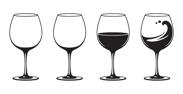 Four wine glasses one empty two with red wine and one splashing with drink on white background.