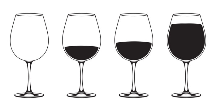 Four wine glasses showing different levels of liquid from empty to full on white background.