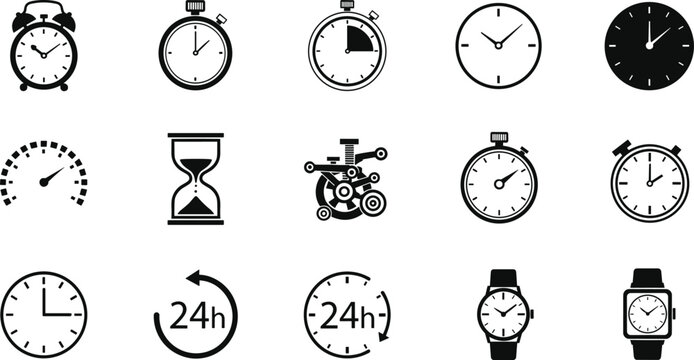 time clock vector black solid icon set featuring alarm stopwatch hourglass wristwatch and twenty four hour symbols