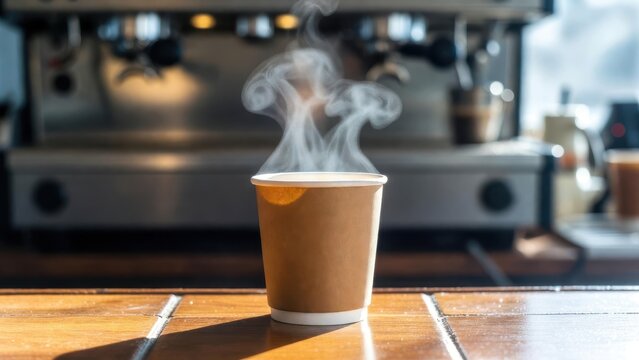 Steaming cup of coffee on a rustic wooden table in a cafe setting