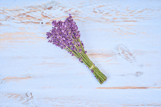 Top view of lavender bouquet on light blue wooden background, rustic floral composition with purple flowers, aromatic herb arrangement and minimal flat lay style with soft pastel tones
