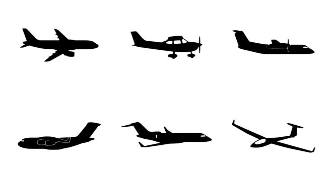 Airplane Silhouettes Collection: Jet, Propeller, and Glider Aircraft Icons